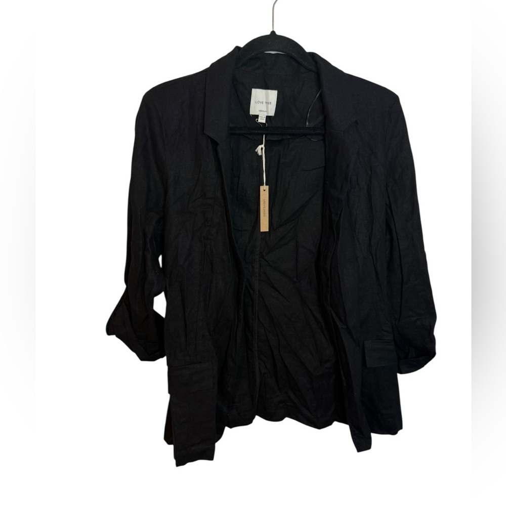 Nwt Love Tree Black Linen Open Front Jacket